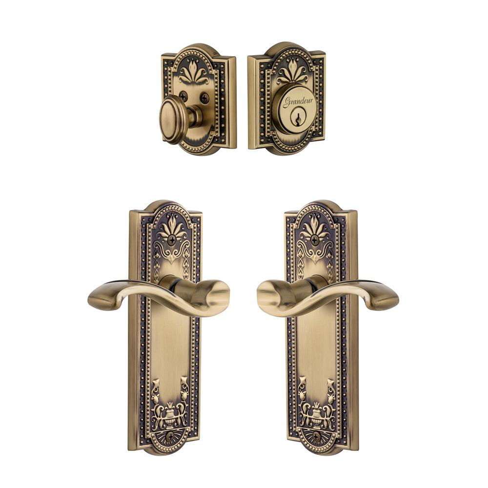 Grandeur by Nostalgic Warehouse Single Cylinder Combo Pack Keyed Differently - Parthenon Plate with Portofino Lever and Matching Deadbolt in Vintage Brass
